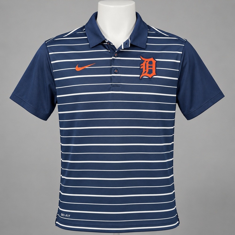 Nike Polo Mens Large Navy Blue Detroit Tigers MLB Dri-FIT Striped Shirt